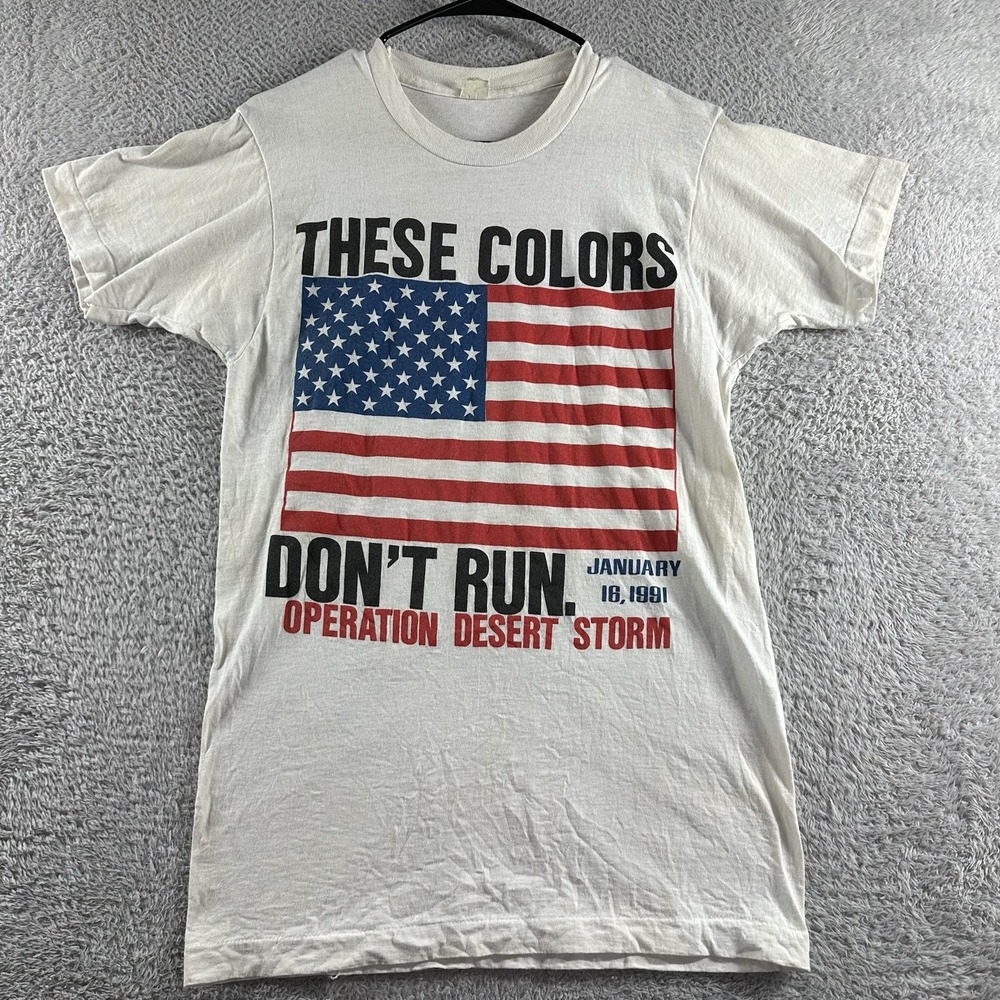 VINTAGE‎ Operation Desert Storm Shirt Mens Small White USA Flag Colors Don't Run